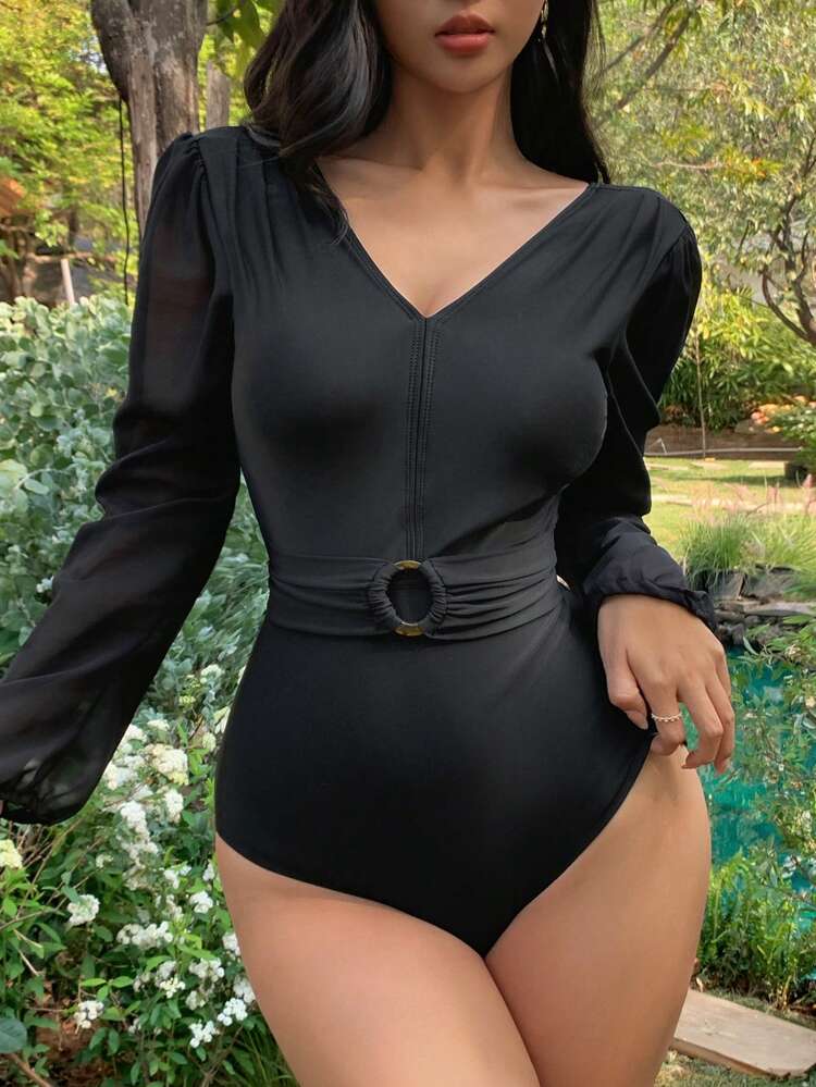 1pc Women Solid Color Bubble Design Long Sleeve One-Piece Swimsuit Cruise Outfit For Women