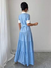 Elenzga Vestido camisero de manga corta con estampado de pastel de rayas azules y blancas para mujer - Azul y blanco - Ver 2