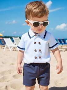 Souflis Souflis 2-Pc Baby Boy Navy Patchwork Lapel Short Sleeve Shirt & Shorts Set, Suitable For Summer, 6M-3Y Boys Toddler Outfit Sets Boy Baby Clothes Baby Boys Sets Boys Outfit Sets Boy Clothes For Kids Baby Boys Sets - Blue - View 9
