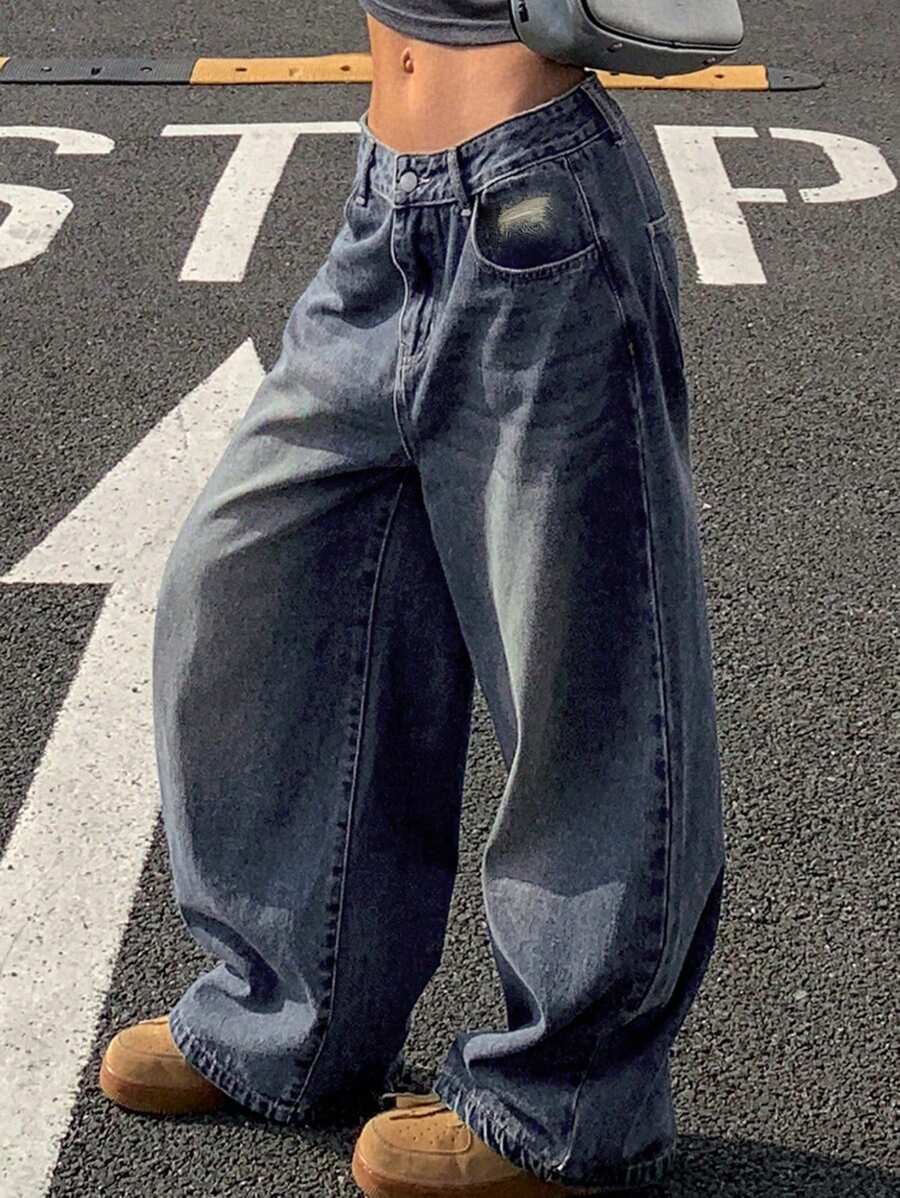 DAZY Jeans ample vintage à jambes droites pour femmes, lavé - Jean bleu - Voir 1