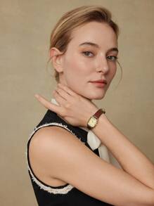 MOTF PREMIUM WOMAN'S GOLD TONE MINI SQUARE WATCH WITH NUMERIC DIAL - Brown - View 2