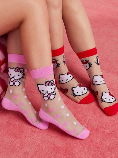 HELLO KITTY AND FRIENDS | SHEIN 2 Pairs Ultra Thin Sheer Invisible Socks, Crystal Silk Women Crew Socks, Breathable Soft With Heart And Bow Decors, Suitable For Spring And Summer Everyday Wear