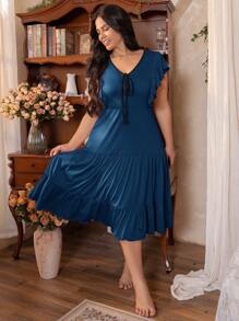 Côtesoire Plus Size Summer Ruffle Color Block Cap Sleeve Nightgown - Teal Blue - View 4