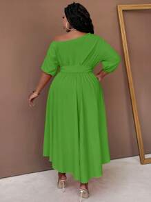 Maweii Plus Size Women Woven Asymmetrical Asymmetrical Neck Belted A-Line Dress Maxi Women Outfit - Lime Green - View 2