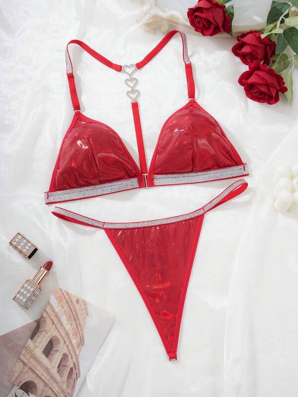 2 Stücke Set mit Herz-Strass-Dekor Metallic Lingerie Set