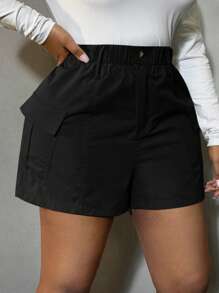 SHEIN SXY Plus Size Women Solid Color Pocket Casual Versatile Shorts - Black - View 4