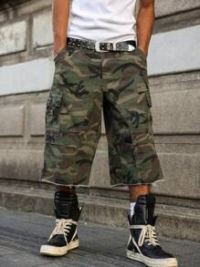 PAVTROS 男式休闲工装口袋迷彩磨边宽松牛仔短裤