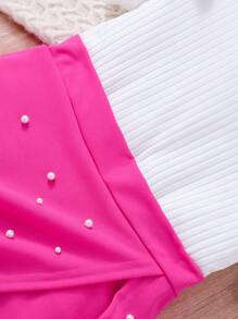 Tween Girls 2pcs Set: Solid Ribbed Cap Sleeve T-Shirt & Faux Pearl Trim Skort, School, Campus, College Summer Holiday - Hot Pink - View 8