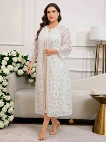 SHEIN Clasi 曲线加大码女式杏色纯色优雅闪亮亮片刺绣外套和杏色连衣裙两件套，女士夏季服装，女士度假服装，女士春季服装，女士婚礼宾客礼服，女士生日服装，度假两件套，老款风格女士，外出服装，女士优雅服装，女士两件套，女士服装套装，女士套装，女士配套套装，两件夏季套装，裙子和上衣套装 - 杏色 - 查看 6