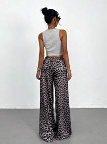 SHEIN PETITE 女士时尚豹纹阔腿裤 - 黑色 - 查看 2