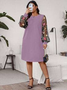 SHEIN Plus Size Women Floral Embroidered Mesh Patchwork Casual Dress - Purple - View 4