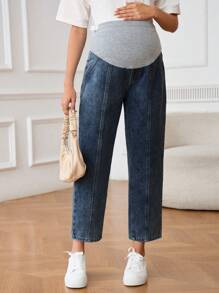 SHEIN Maternity Casual Daily Washed Adjustable Waist Jeans - Medium Wash - View 1
