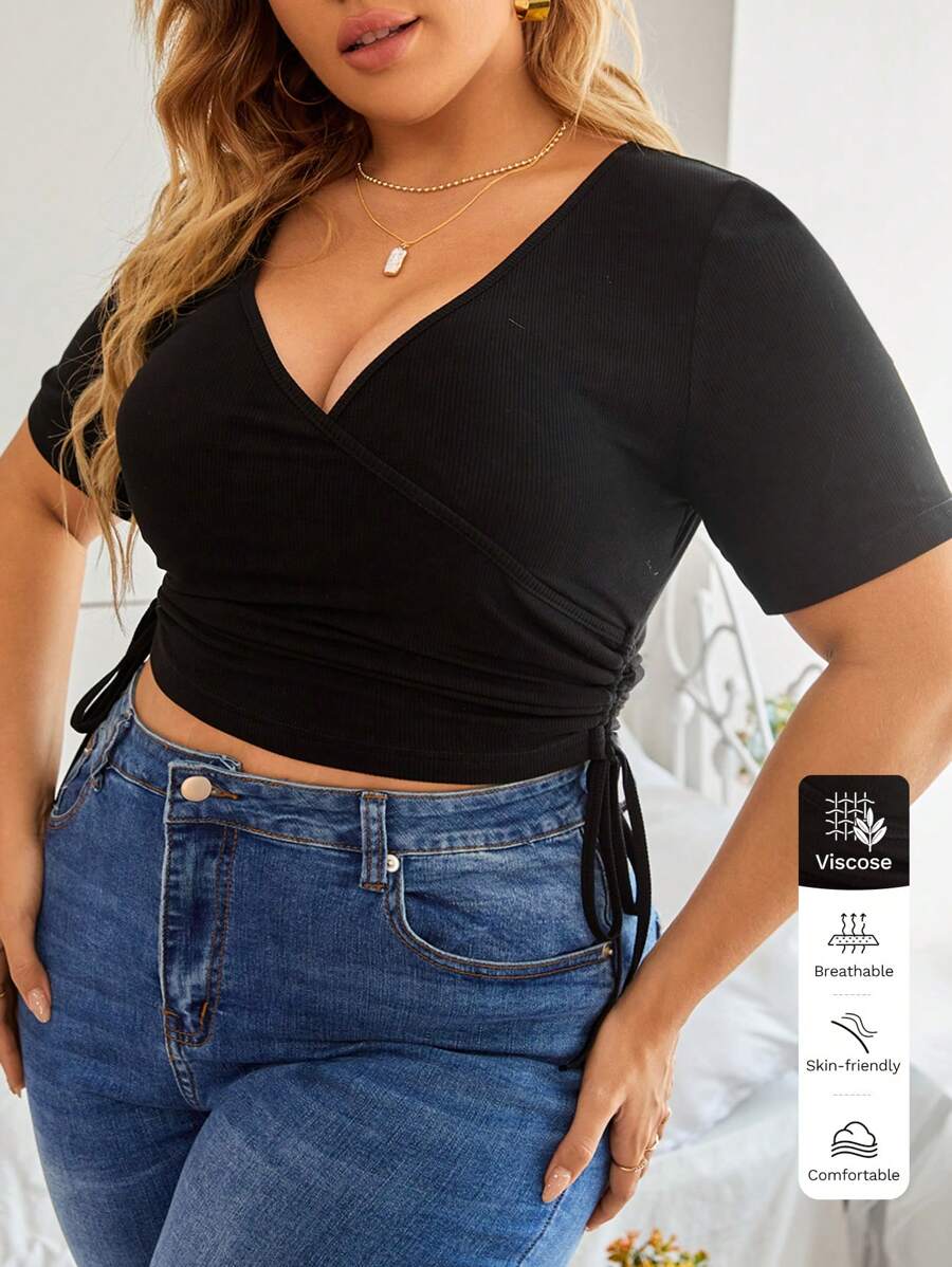 SHEIN Frenchy Plus Drawstring Ruched Top - Black - View 1