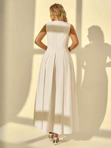 Auralis Plus Size Women's Solid Color Button V-Neck Sleeveless Pleated Elegant Dress