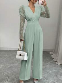 Gloray Women's V-Neck Lace Patchwork Waisted Wide-Leg Jumpsuit - Green - View 1