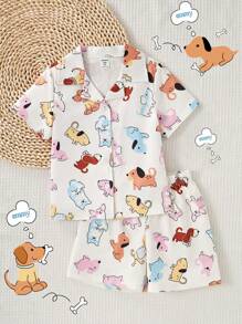 2pcs/Set Tween Girl' Casual Dog Doodle Button-Front Short Sleeve Top And Shorts Loungewear Set Pj Set For Kids Pajama Girl Set