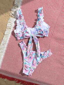 Swim Mod Women's Ruffle Trim Ditsy Floral Bikini Set, Two Pieces Swimwear For Beach Vacation For Summer - Multicolor - View 2