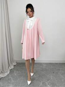 SHEIN Clasi 女士纯色拼接系带长袖优雅连衣裙 - 粉色 - 查看 5