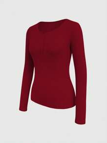 INAWLY Women's Solid Color Rib-Knit Half Button Placket V-Neck T-Shirt - Red - View 4