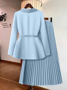 Rometta Plus Size Women Solid Color Long Sleeve Blazer With Pleated Midi Skirt Suit Set Graduation,Back To School,Teacher Outfits For Women Fall Cloth For Women Autumn - Baby Blue - View 5