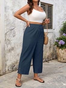 EMERY ROSE Plus Size Casual Linen Patchwork Embroidered Floral Trim Long Pants - Blue - View 3