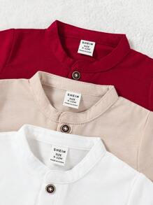 SHEIN 3-Piece Baby Boy Vintage Stylish Solid Color Short Sleeve Tops, Spring/Summer - Multicolor - View 3
