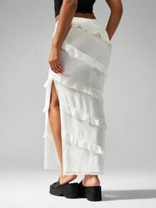 MISSGUIDED Contemporary Tiered Ruffle Midi Skirt Elegant Evening Party Wedding Guest Special Occasion Spring Summer Vacation Beach Club Festival Holiday Side Slit Flowy - White - View 2