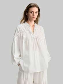 Ontre 女式领褶衬衫，波西米亚风格纹理褶皱长袖衬衫，舒适休闲拼布花卉印花衬衫，适合日常穿着、海滩、度假、波西米亚风、夏季 - 白色 - 查看 1