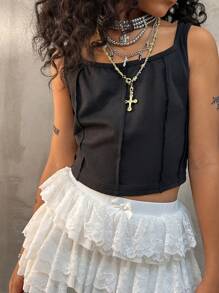 Coolane Kids Tween Girl Cool Street Style Spring/Summer Solid Seam Detail Top Little Girl Black Patchwork Top - Black - View 4