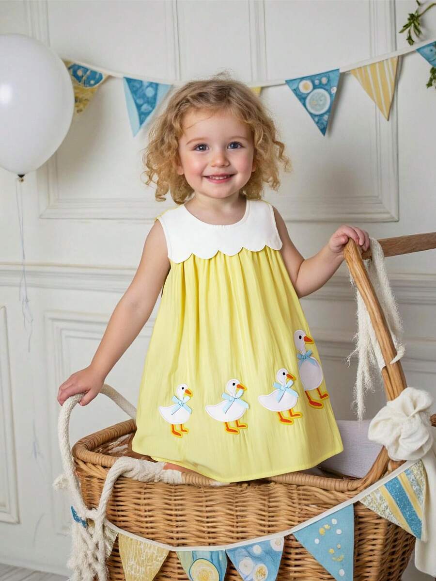 Souflis Souflis Cute Cartoon Duck Embroidery Hem Round Neck Sleeveless Girl Dress, Sweet & Lovely For Spring/Summer - Yellow - View 1