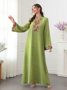 Al Najma Stand Collar Long Sleeve, Color Block Splice Solid Loose Fit Dress Fall Cloth For Women - Green - View 3