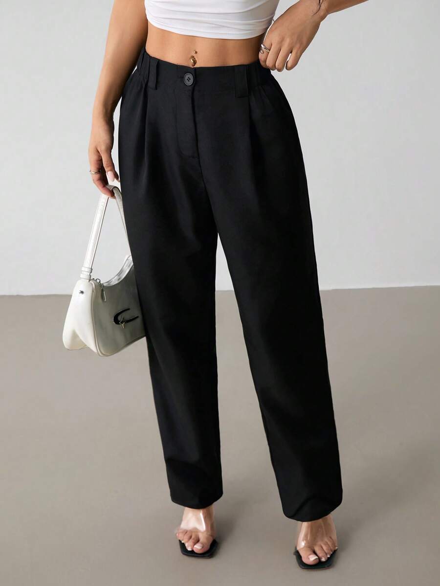 SHEIN PETITE 女士高腰褶皱阔腿宽松休闲百搭裤 - 黑色 - 查看 1