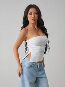 SHEIN PETITE Women's Summer Solid Color Ruched Bustier Top, Fitted With Side Slit Tube Top - White - View 6