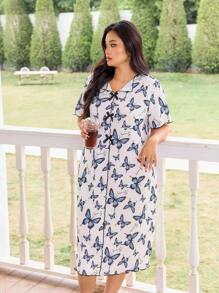 Dream Adore Plus Size Bow Decor Butterfly Print Pleated Textured Short Sleeve Nightgown - Blue - View 3