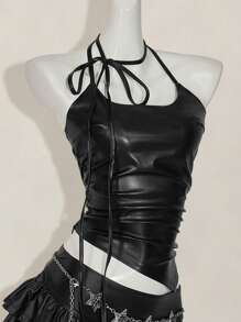 SHEIN ICON Y2K 风格黑色 PU 皮革细肩带褶皱不对称下摆吊带背心女式春夏 - 黑色 - 查看 8