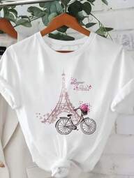 INAWLY Camiseta gráfica de manga corta y cuello redondo casual para mujer con estampado de flor, Torre Eiffel y bicicleta
