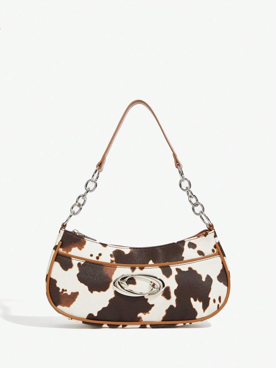 SHEIN ICON 女士、女式单肩包、流浪包、时尚、个性、简约、百搭、街头、甜美酷炫女孩、辣妹、Y2K、复古、铆钉、复古、奶牛印花、五金链条装饰、西式风格、青少年、波西米亚风格女士包、牛仔竞技场合的完美之选 - 彩色 - 查看 1