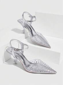 CUCCOO SZL 女士尖头细高跟鞋，银色水晶透明带高跟鞋，带封闭式鞋头设计