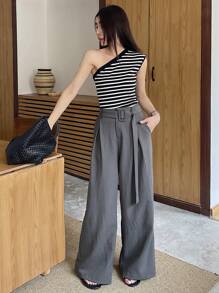 DAZY 女士宽松裤配腰带纯色休闲优雅夏季教师裤女士正装裤子