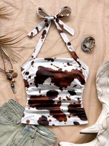 SHEIN WYWH Women's Vacation Knit Cow Print Halter Ruched Waist Slim Fit Fashion Tank Top, Suitable For Summer Fashion, Party, Afternoon Tea, Beach, Cruise, Music Festival - Multicolor - View 6