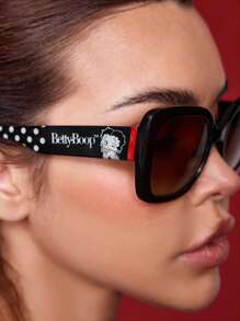 Betty Boop x SHEIN Large Frame Square Black Fashionable Eyeglasses, Polka Dot & Lip Print Versatile For Daily Wear, Comes With Storage Pouch, Suitable For Travel & Outdoor