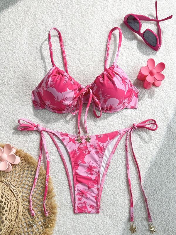 Swim Mod 2pcs/Set Multiple Color Spaghetti Strap Underwire Knotted Front Top And Knot Side Swim Bottoms, Adorable Women Summer Beach Bikini Set