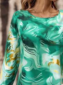 EMERY ROSE Women's Marble Print Round Neck 3/4 Sleeve Casual Shirt Teal - Green - View 7