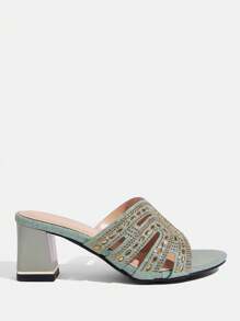 CUCCOO TILAWA Nuevos sandalias de tacón alto con tacón grueso, diseño hueco con diamantes de imitación, punta cuadrada, tacón metálico, para fiesta, apropiadas para banquete, fiesta, vestido formal, vacaciones, color azul con brillo