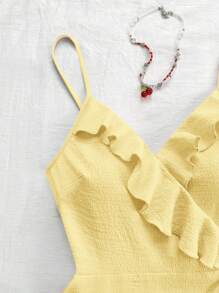 Soleia 夏季假期女士休闲玫瑰红色纹理面料腰带荷叶边饰边裹身结侧 A 字吊带连衣裙