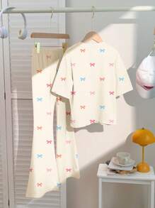 SHEIN 2 件套 Tween 女童休闲彩色蝴蝶结图案宽松短袖 T 恤和喇叭裤，夏季 - 彩色 - 查看 2