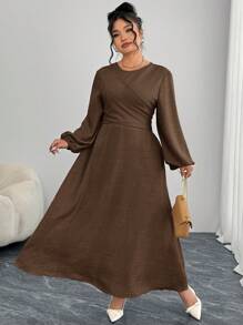 Modelyn Plus Size Solid Color Long Sleeve Dress, Fashionable For Summer - Coffee Brown - View 5