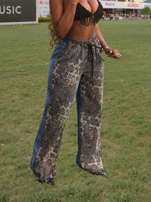 Slaydiva Jeans larges à taille coulissante imprimé léopard pour femmes, style casual - Multicolore - Voir 1