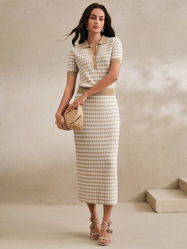 Eleganter moderner Polokragen Colour-Block Jacquard-Strick Kurzarm Midi A-Linie Rock Anzug, geeignet für Valentinstag, Neujahr, Frühling/Sommer, Date Night, bescheidene Kleidung, Urlaub, Festival, Brunch-Outfits