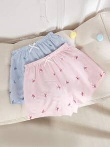 SHEIN 2pcs Set: Ribbon Printed Striped Shorts Pajamas Bottoms Sleep Shorts Bow Tie  Cozy And Elegant Details - Multicolor - View 1